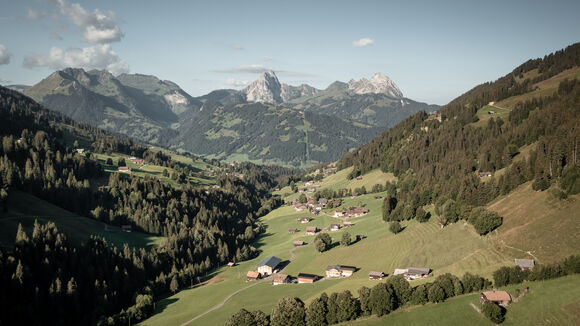 paysage de montagne verdoyant parsemé de quelques maisons isolées.